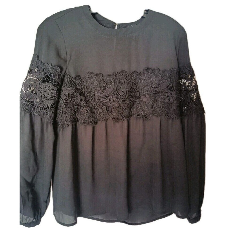 Harlowe & Graham Embroidered Blouse Size Small Black Balloon Sleeve Crochet Lace